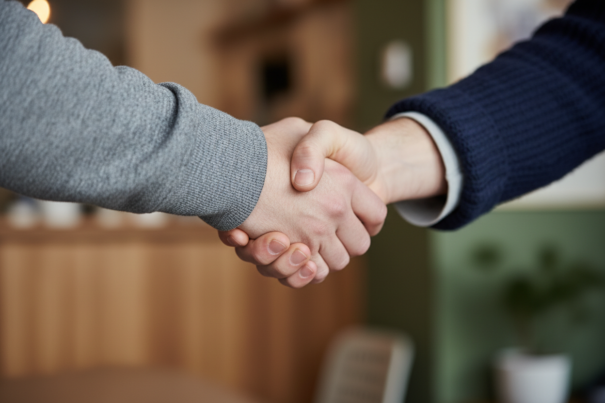 un zoom sur deux mains qui se serrent (marché conclus) on ne doit pas voir les personnes mais je veux qu'elles soient habillé chill, pas de complets.
